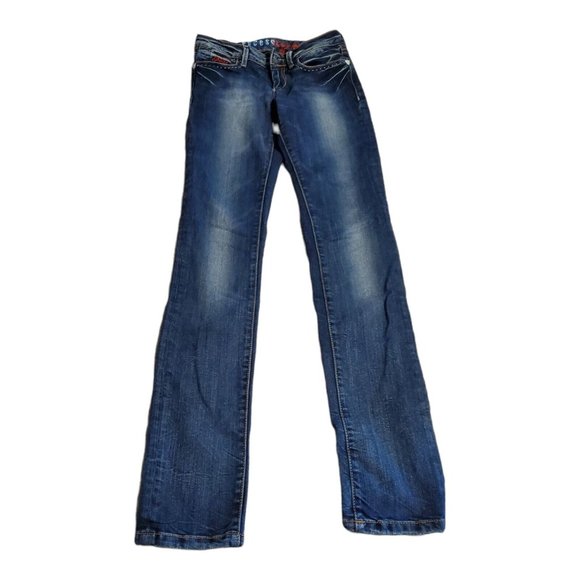 VTG Guess Ladies 24 Lowrise Skinny Straight Leg Blue Distressed Denim Jeans - Picture 1 of 9